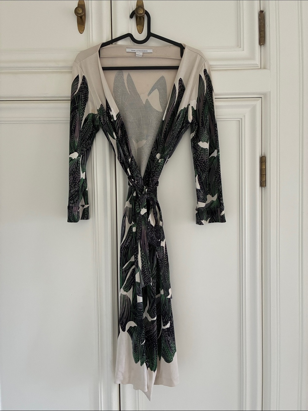 Diane von Furstenberg - classic wrap dress.  Cream and green.